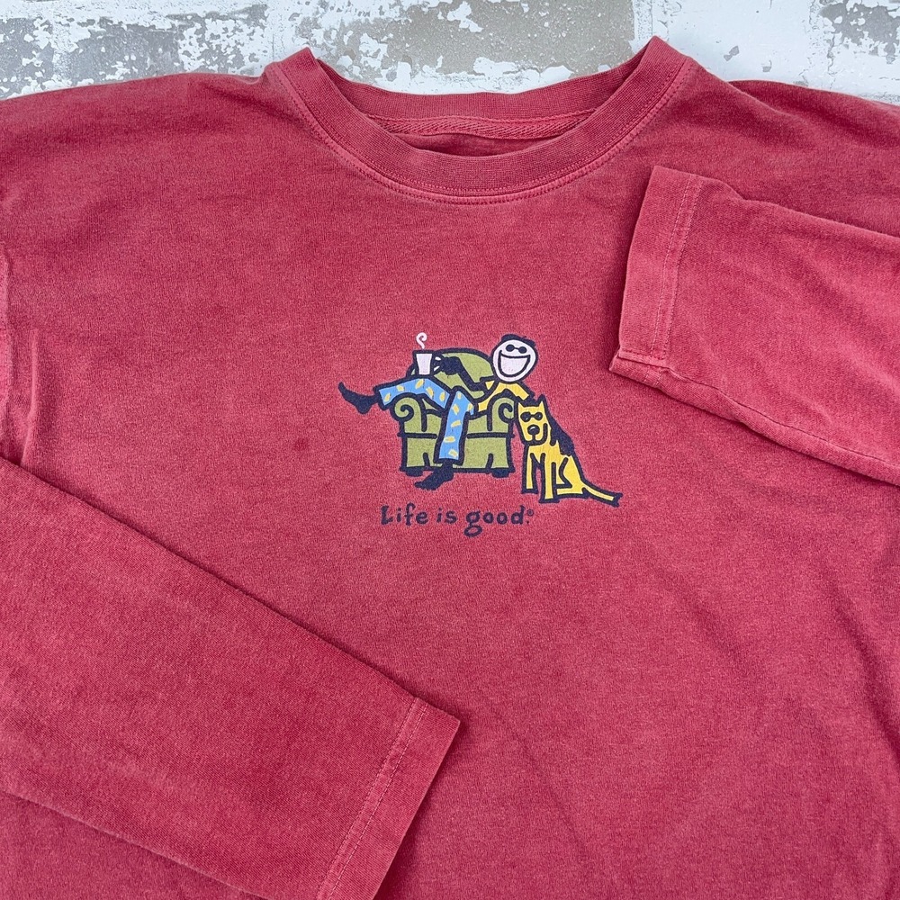 Life Is Good Shirt Men Small Pink Tee Long Sleeve Recliner Dog Relaxing Dad * - Picture 2 of 14